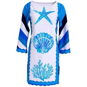 NEW MICHELLE PARISOU sea life with border stripe blue resort dress
